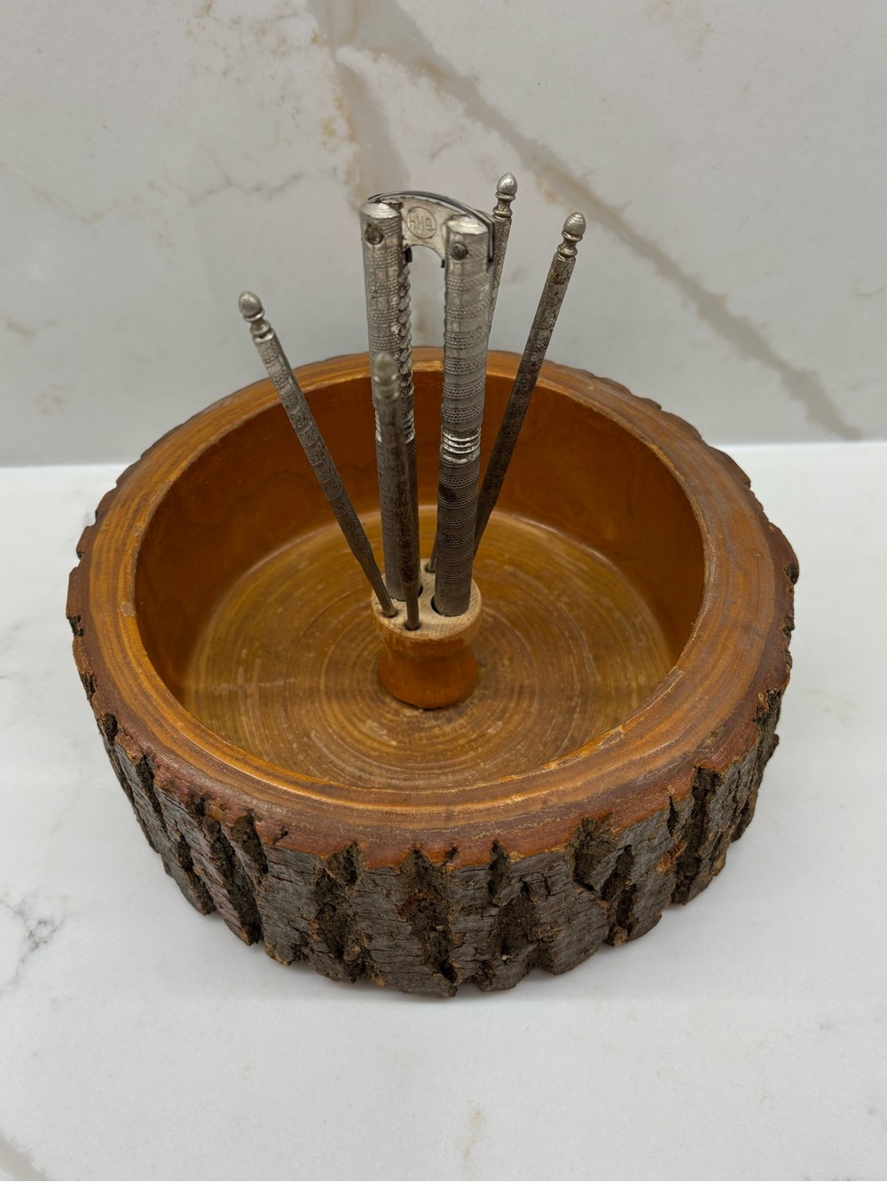 Vintage MCM Wooden Rustic Bark Round Nut Bowl Dish Metal Nut Cracker & 4 Picks